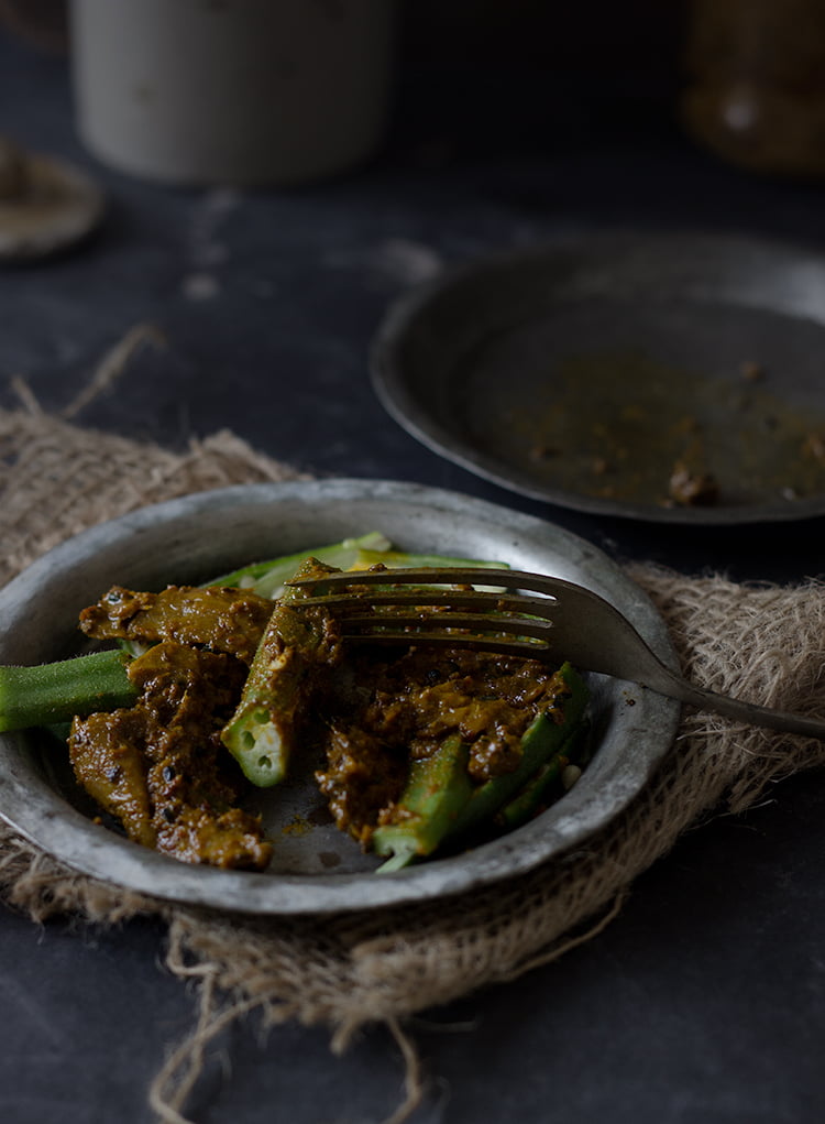 Final presentation of Quick Pickled Okra in a small bowl