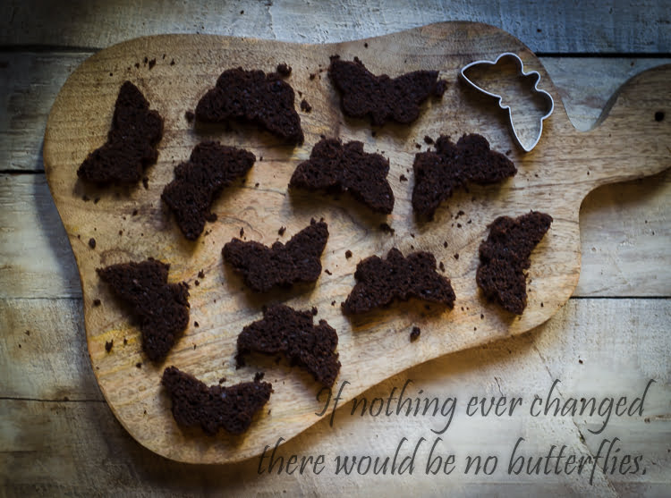 Close-up view of a butterfly shaped cake, placed on a wooden tray.