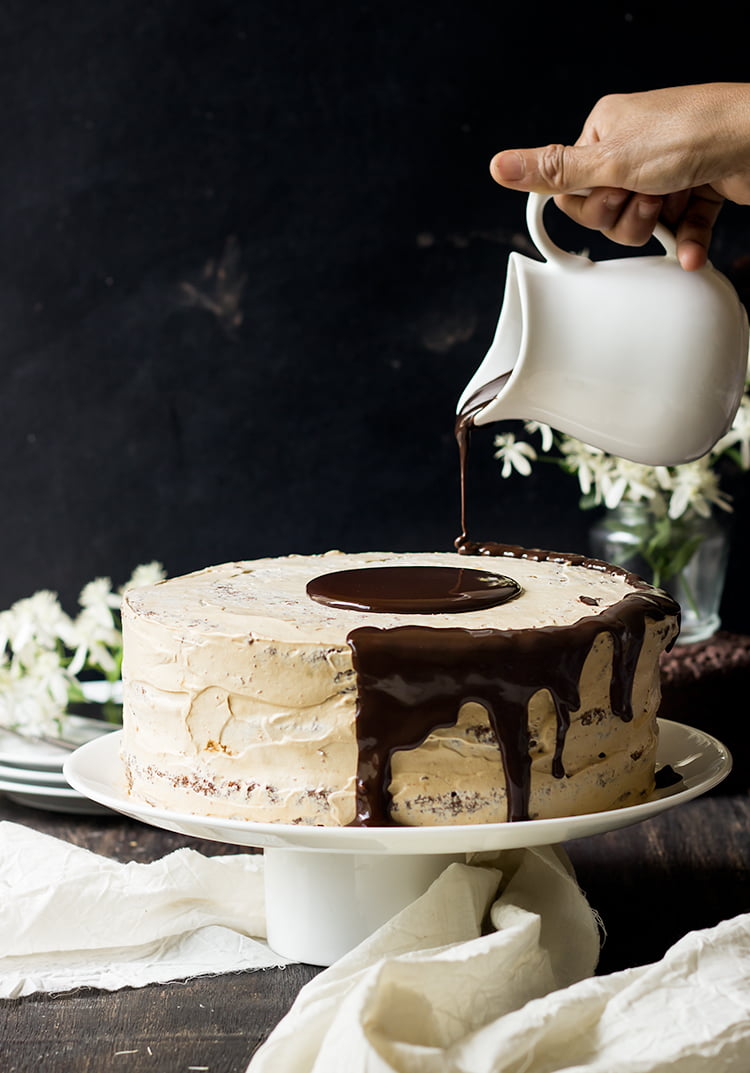 Freshly baked Eggless Chocolate Mocha Cake on a white plate