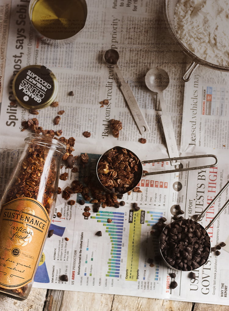 Close-up view of oats, nuts, and chocolate chips to make granola cookies