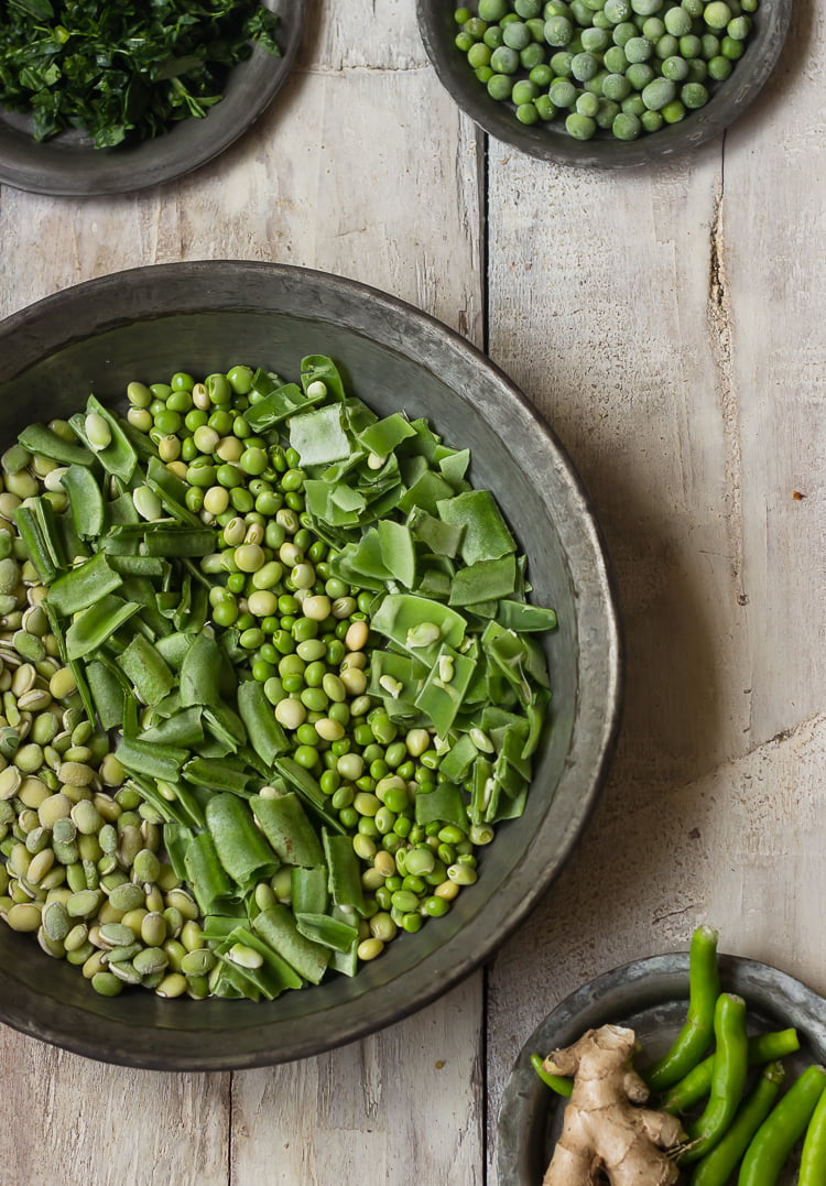 Colorful vegetables, including potatoes, yam, and beans to make Undhiyu