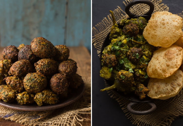 Top view of Undhiyu balls served with pooris 
