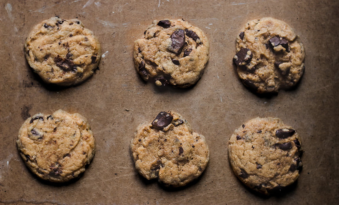 Close-up of a chewy chocolate chunk cookie with crispy edges