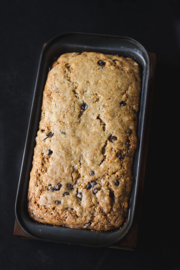 Close-up of banana walnut bread with crunchy walnut toppings