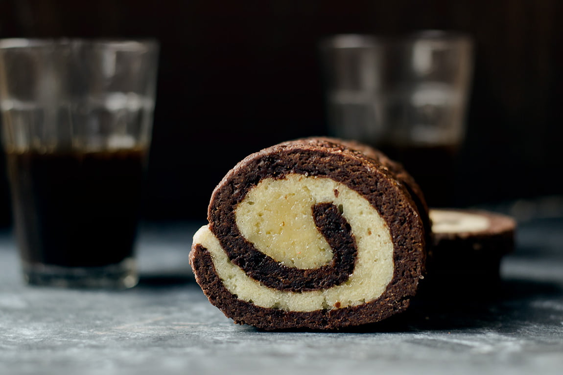 Pinwheel cookie dough log ready for slicing