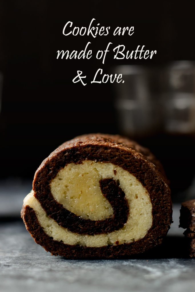 Pinwheel cookie dough log ready for slicing