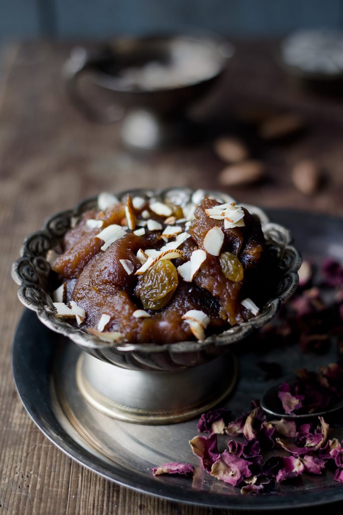 Close-up shot of warm Kada Prasad with a glossy, rich texture