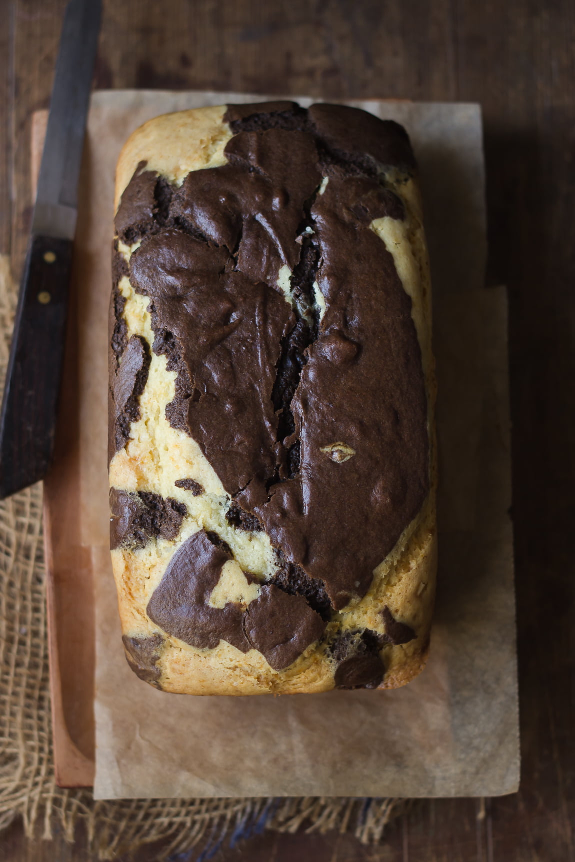 Close-up of moist and fluffy eggless marble cake texture