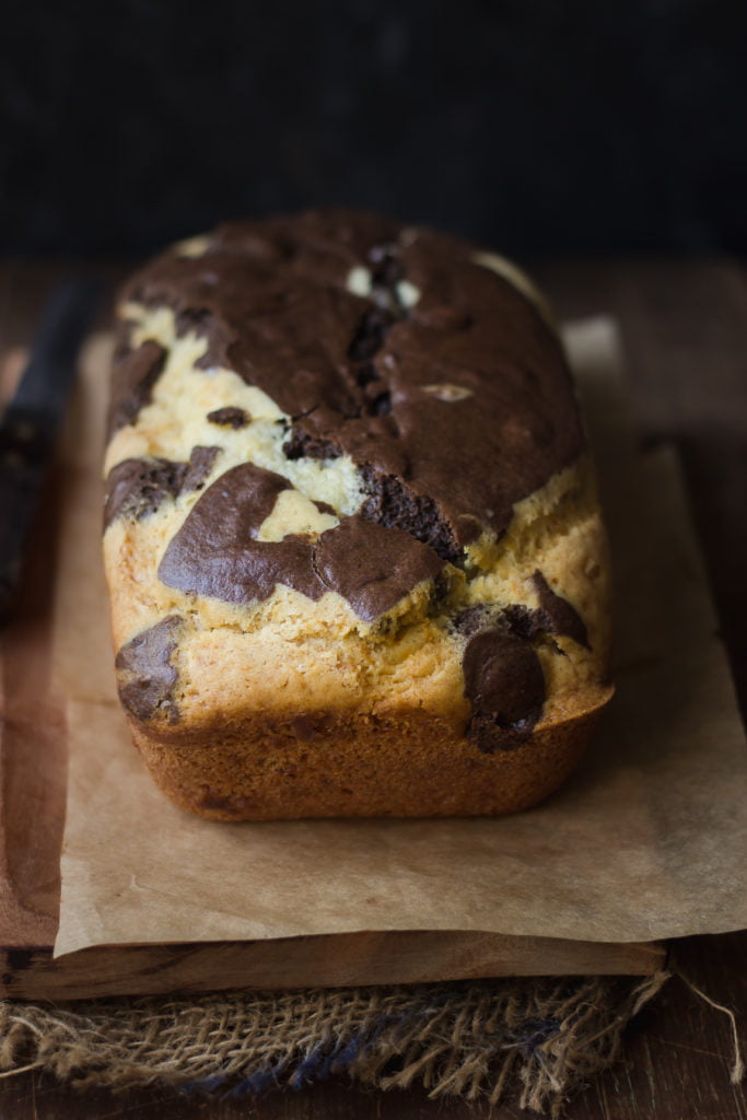 Close-up of moist and fluffy eggless marble cake texture