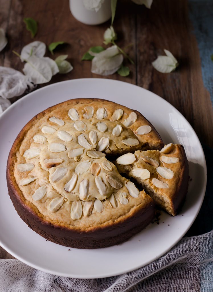 Close-up of the cracked top of a perfectly baked Eggless Mawa Cake
