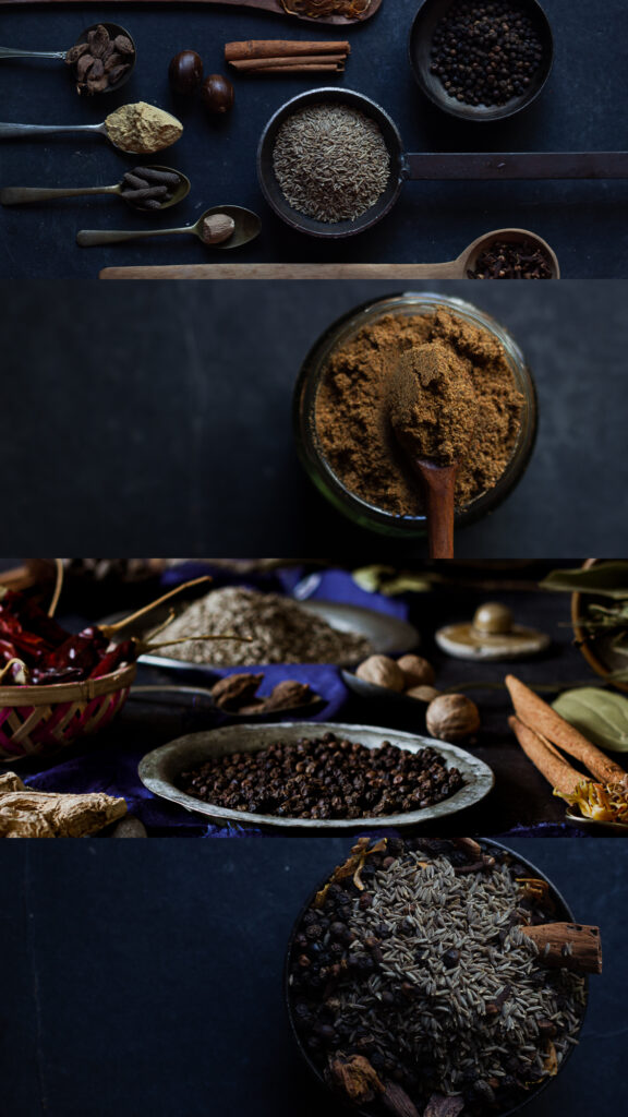 Different phases of making garam masala at home