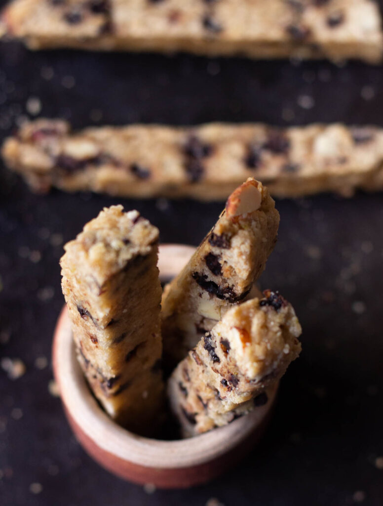 Side view of biscotti showing even slices and crisp edges