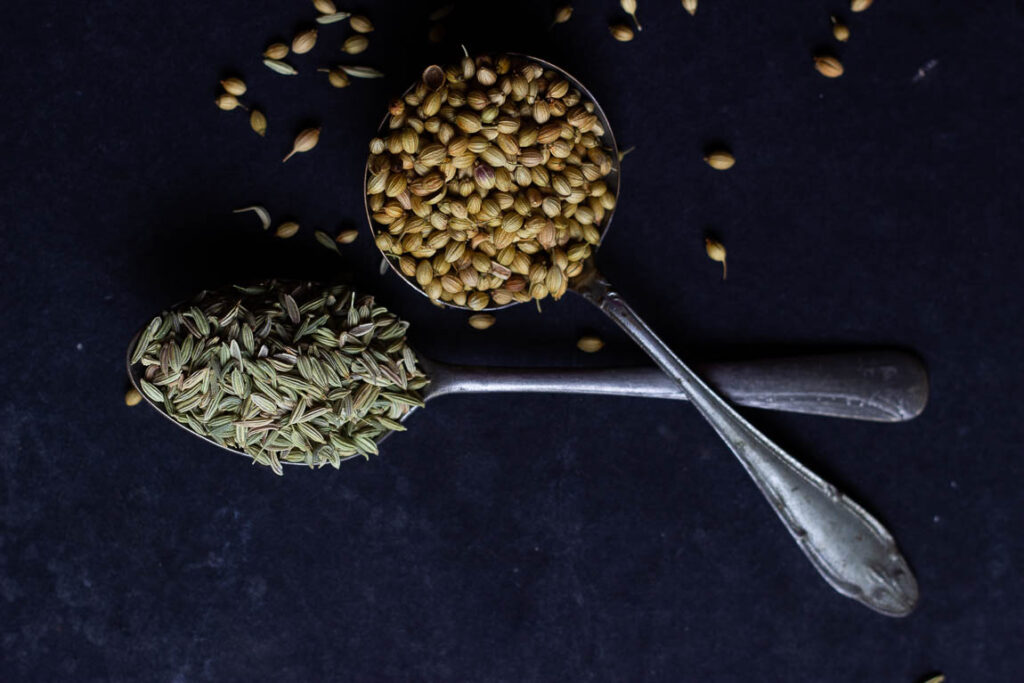 A spoonful of homemade dhaniya powder showing its fine texture