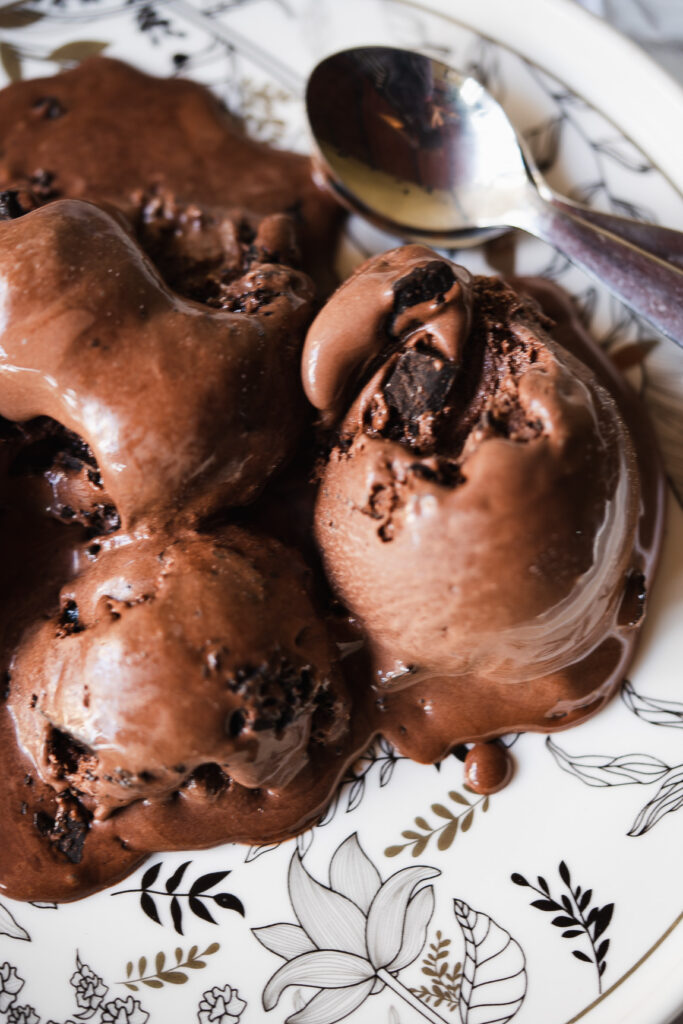 Chocolate chip ice cream served in a glass bowl with extra choco chips
